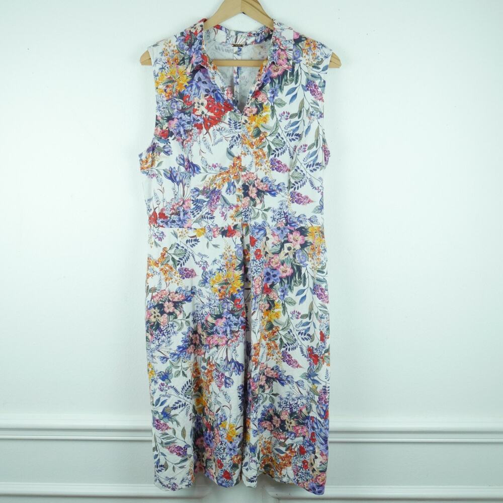 Tahari 14 Dress Linen Blend Floral Preppy Coastal Resort Sleeveless Classic